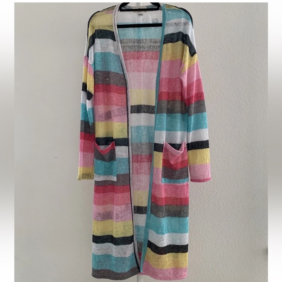 Hopely Sweaters - Hopely Women's Open Front Long Duster Cardigan Sweater Striped Multicolor Size S